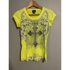 Dots Womens Baby Tee Small Neon Yellow Cross Graphic Print Glitter Grunge Y2K